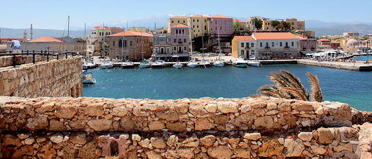 Chania Harbour with a view to the White Mountains