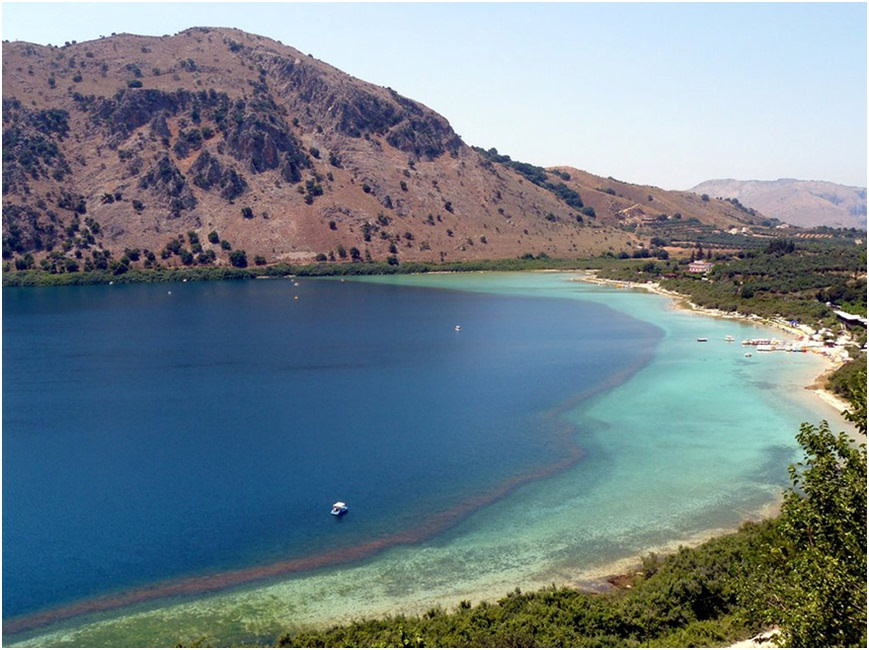 Lake Kournas - colours dark blue to turquoise and hills all around