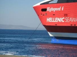 Mykonos ferry red against the blue of the Med