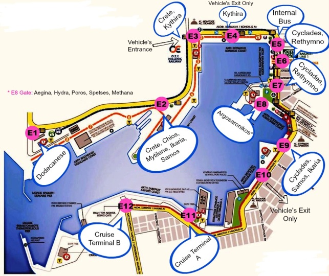 Map of Pireaus Port showing departure points for major ferries