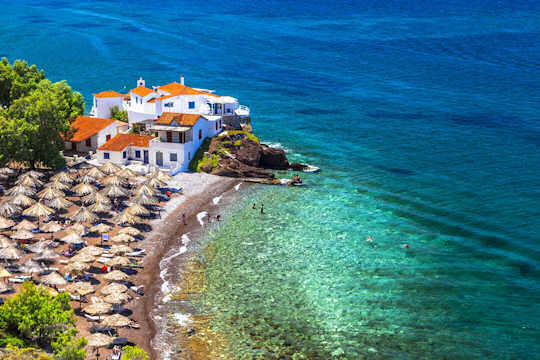 Vlichos Beach is 2 km west of Hydra port - get there by water taxi