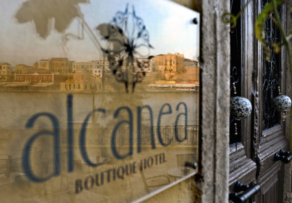 Alcanea Boutique Hotel - doorway with reflection of the beautiful old limani or harbour, Chania Crete