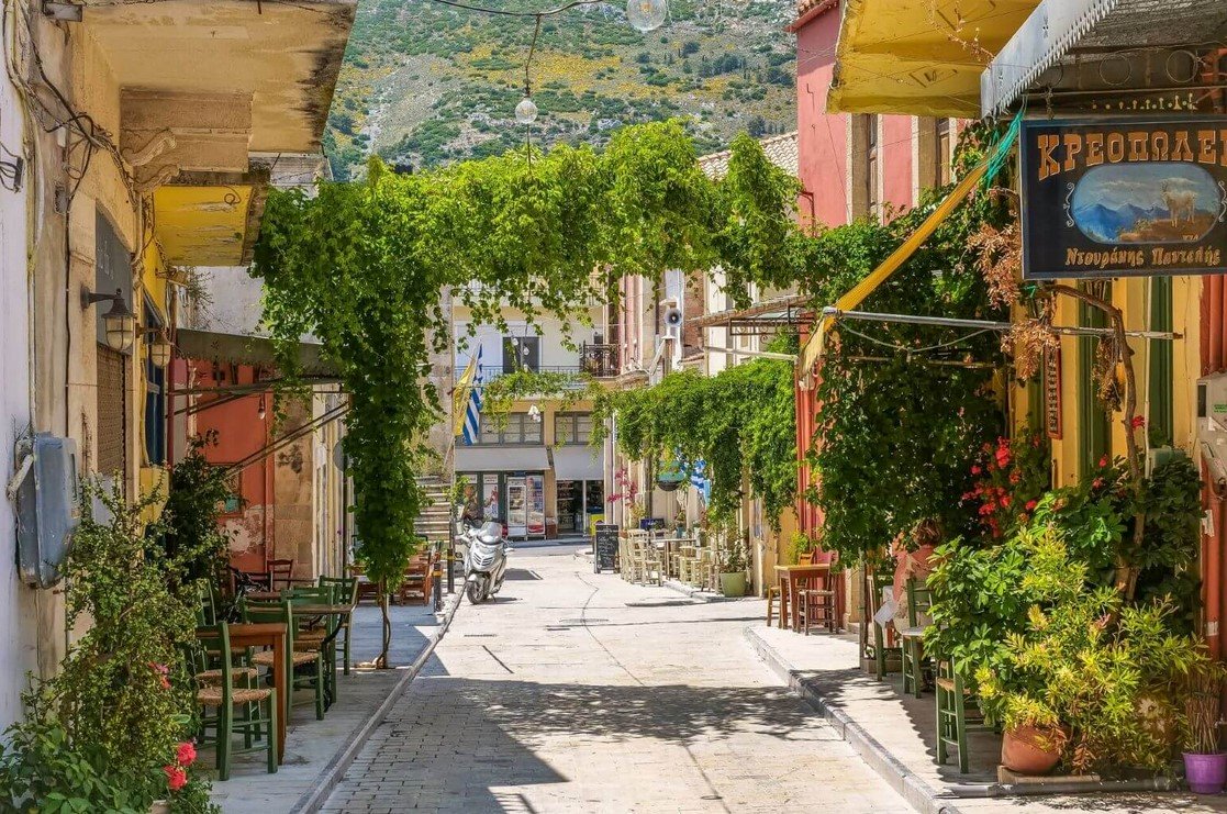 Colourful village street in Archanes, Crete