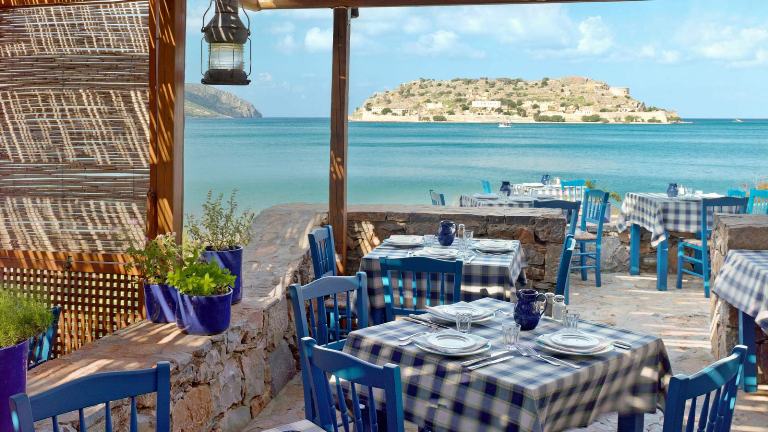 Blue Door Restaurant at Blue Palace Resort overlooking Spinalonga Island