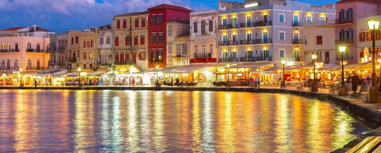 Chania Old Town - the lights on the limani at dusk