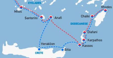 Map of Crete to Rhodes ferry routes