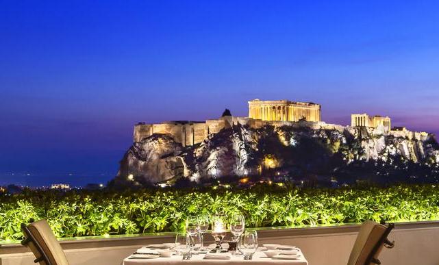 The view from the Grand Bretagne Hotel, Athens, over the Acropolis