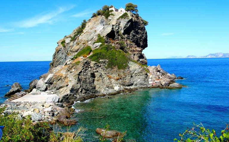 Greece Skopelos - Agios Ioannis chapel as featured in Mama Mia the movie