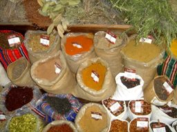 Colourful bags of herbs at the market