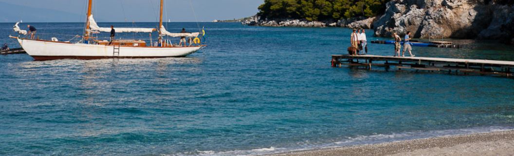 Kastani Beach Skopelos - the three fathers arrive by yacht