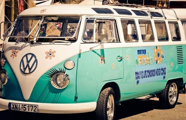 Hippie Combi at the camping entrance