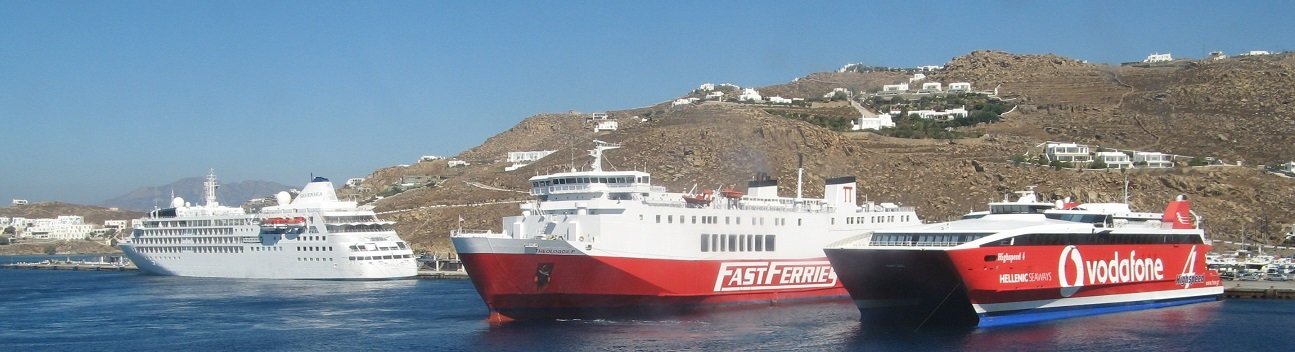 Ferries to Greek Islands - several large ferries docked in port at Mykonos