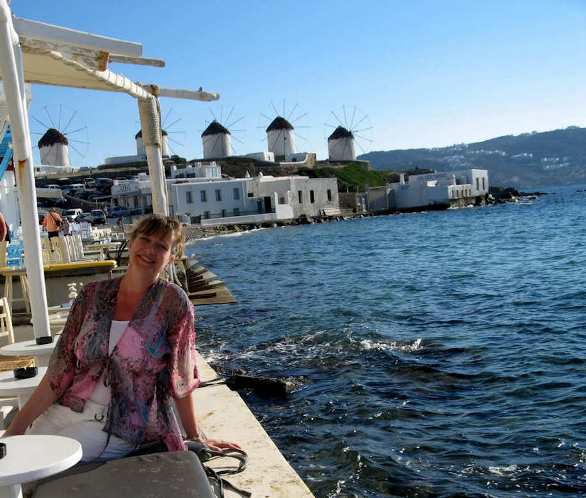 The view from Scarpa Bar in Little Venice, Mykonos, close to the water and front row for the windmills!