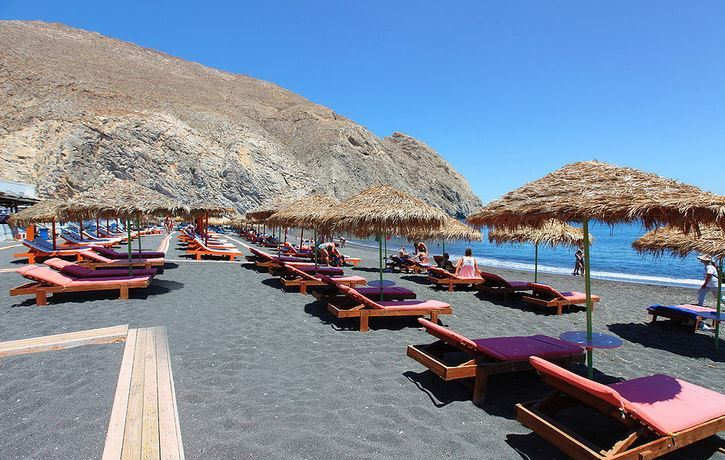 Black sands of Perissa Beach in Santorini