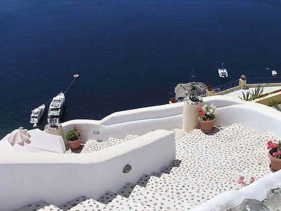 Crete Greece - Santorini white buildings and the deep blue of the Mediterranean