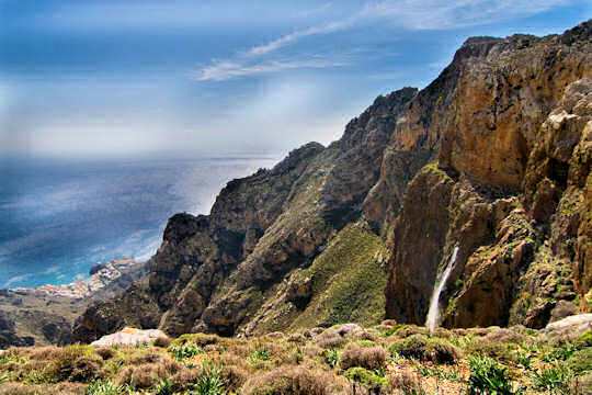 The view of Ambas Waterfall looking down Ambas Gorge to Tris Ekklisies Village