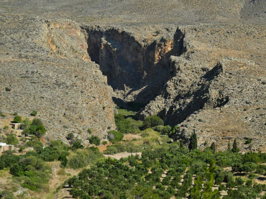 The Gorge of the Dead - Zakros Gorge - as seen from the seaside hamlet of Kato Zakros (image by Mark Latter)